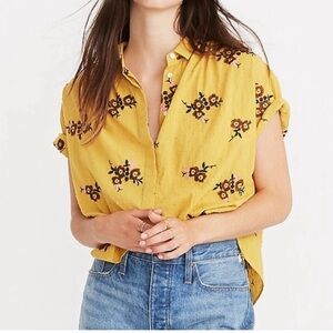 Madewell Yellow Floral Embroidered hilltop Button Down Relax Shirt Blouse M